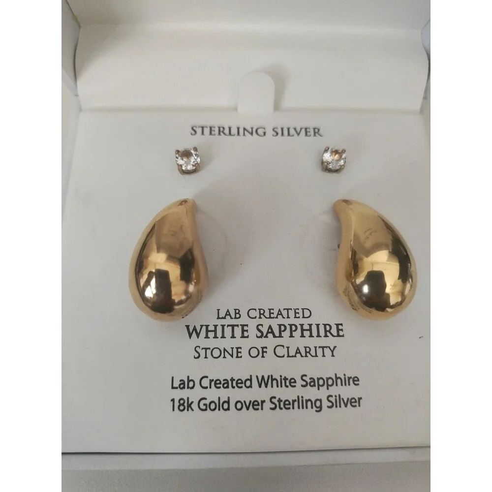 R.H. Macy & Co Lab Grown White Sapphire Stud Earrings Set 14K GP Sterling Silver